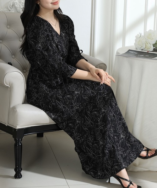 Lace Ladies(レースレディース)の「ボタニカル柄 Vネック キャンディスリーブ 6分袖 ワンピース(ワンピース・レディース・アイボリー/ブラック/ベージュ・FREE/S)」の12枚目の写真