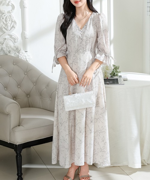 Lace Ladies(レースレディース)の「ボタニカル柄 Vネック キャンディスリーブ 6分袖 ワンピース(ワンピース・レディース・アイボリー/ブラック/ベージュ・FREE/S)」の16枚目の写真