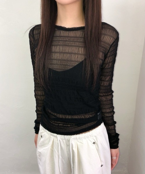 UP START(アップスタート)の「【LAMPOON】シャーリングチュールトップス(Tシャツ/カットソー・レディース・ベージュ/ホワイト/ブラック/モカ・FREE)」の1枚目の写真