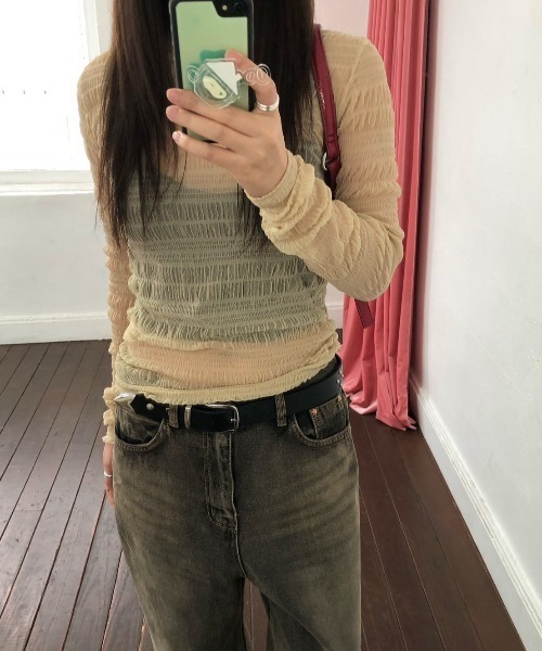 UP START(アップスタート)の「【LAMPOON】シャーリングチュールトップス(Tシャツ/カットソー・レディース・ベージュ/ホワイト/ブラック/モカ・FREE)」の5枚目の写真