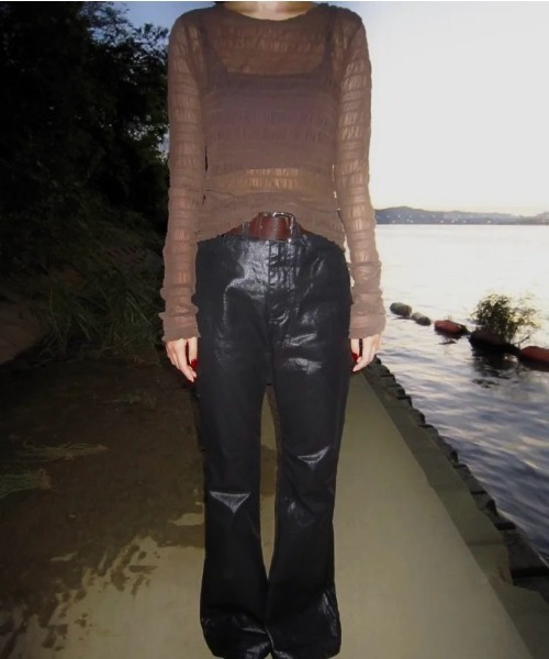 UP START(アップスタート)の「【LAMPOON】シャーリングチュールトップス(Tシャツ/カットソー・レディース・ベージュ/ホワイト/ブラック/モカ・FREE)」の8枚目の写真