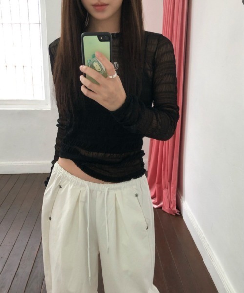 UP START(アップスタート)の「【LAMPOON】シャーリングチュールトップス(Tシャツ/カットソー・レディース・ベージュ/ホワイト/ブラック/モカ・FREE)」の9枚目の写真