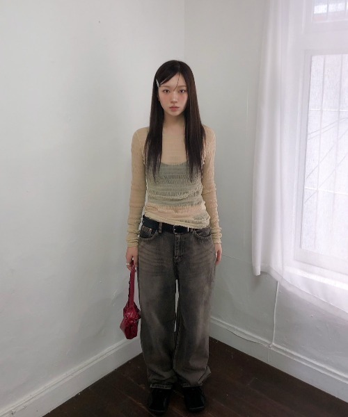 UP START(アップスタート)の「【LAMPOON】シャーリングチュールトップス(Tシャツ/カットソー・レディース・ベージュ/ホワイト/ブラック/モカ・FREE)」の15枚目の写真