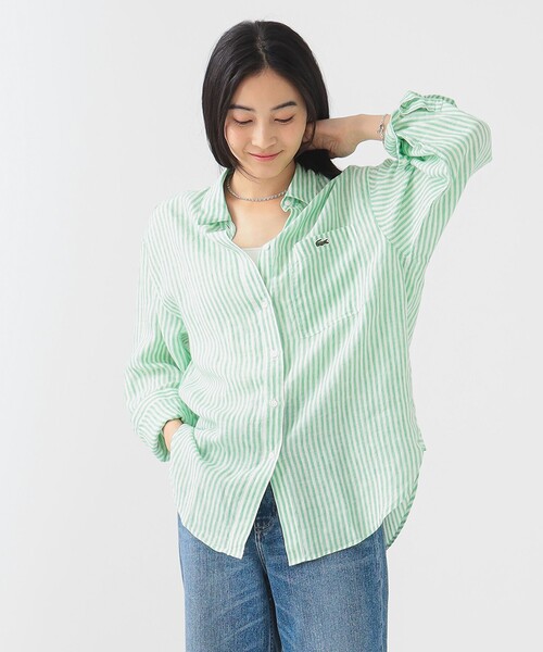 【新品未使用】LACOSTE 長袖シャツ サイズ36 水色ストライプ LACOSTE ラコステ 長袖ボタンシャツ ストライプ 胸ロゴ 水色