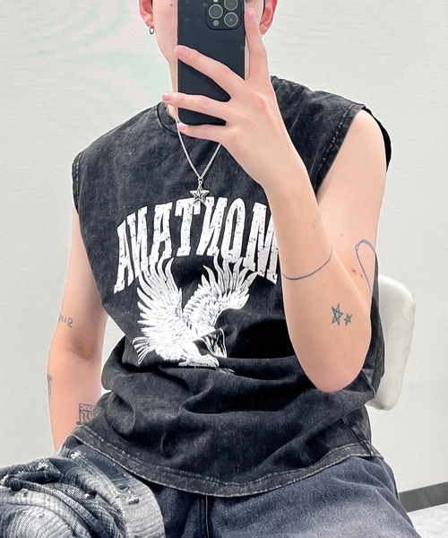 Figments（フィグメンツ）の「ピグメントノースリイーグルビッグＴ（タンクトップ・レディース・スミクロ/グレー・FREE）」の7枚目の写真