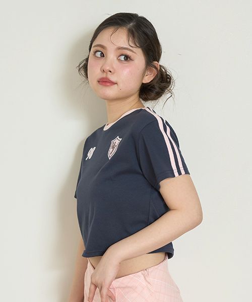 Mi-je（ミジェ）の「ラインコンパクト半袖Tシャツ【韓国ファッション】（Tシャツ/カットソー・レディース・ネイビー/クリーム・F）」の3枚目の写真