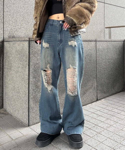 セール】ハートスタッズダメージデニム（デニムパンツ）｜sedacle girl