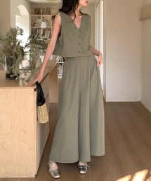 【きれいめ叶うセットアップ】さらっと生地感。ショート丈 ジレベスト+ワイドパンツ 上下2点セット レディース
