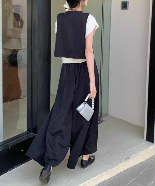 レディース きれいめ叶うセットアップ。ショート丈ジレベスト+ワイドパンツ 上下2点セット DAY CLOSET セットアップ レディース きれいめ叶うセットアップ