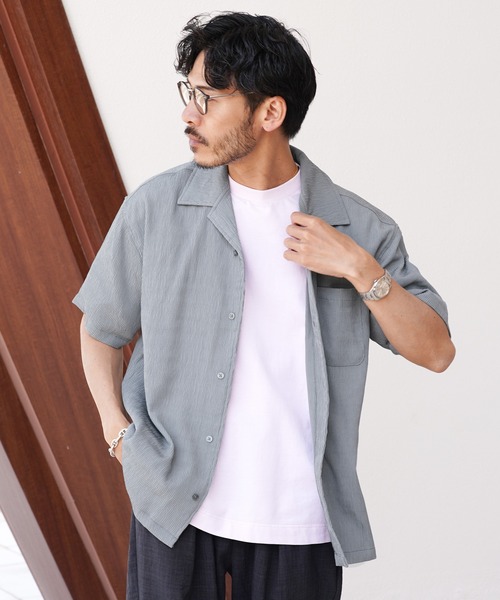 jiggys shop(ジギーズショップ)の「楊柳 ドライタッチ オープンカラー 半袖シャツ(シャツ/ブラウス・メンズ・ホワイト/ブラック/グレー/ブルー・MEDIUM/LARGE/X-LARGE)」の3枚目の写真
