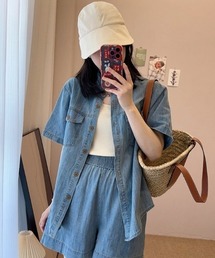 LETee（レティー）の「デニム風ショートパンツ＆シャツセット（セットアップ・レディース）」