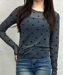 Per sist ence | シアーフラワーフロッキープルオーバー 透け感トップス/花柄シアー/長袖レイヤード/ドット(Tシャツ/カットソー)