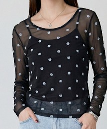 Per sist ence（パーシエンス）の「シアーフラワーフロッキープルオーバー 透け感トップス／花柄シアー／長袖レイヤード/ドット（Tシャツ/カットソー）」