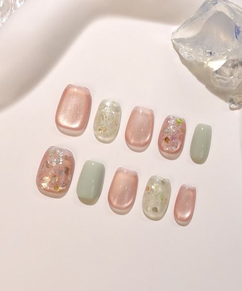 3D水光ネイルグリーンピンクマグネットシェルショートスクエアネイル