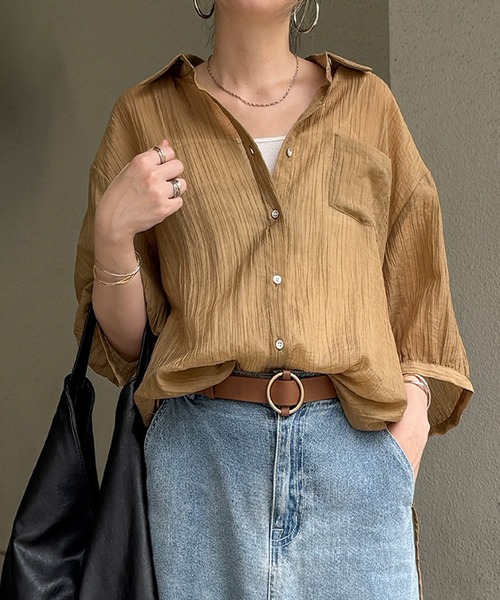 LBC（エルビーシー）の「楊柳5分袖シアーシャツ（シャツ/ブラウス・レディース・ホワイト/チャコールグレー/ブラック/マスタード/ブルー・M）」の5枚目の写真