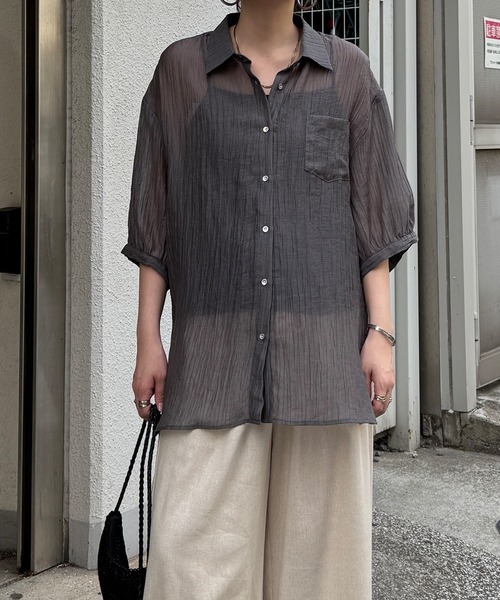 LBC（エルビーシー）の「楊柳5分袖シアーシャツ（シャツ/ブラウス・レディース・ホワイト/チャコールグレー/ブラック/マスタード/ブルー・M）」の9枚目の写真