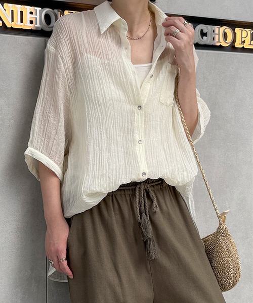 LBC（エルビーシー）の「楊柳5分袖シアーシャツ（シャツ/ブラウス・レディース・ホワイト/チャコールグレー/ブラック/マスタード/ブルー・M）」の11枚目の写真