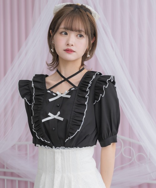 couture BY ROJITA（クチュールバイロジータ）の「ダブルリボンバイカラーブラウス（シャツ/ブラウス・レディース・パープル/ホワイト/ブラック・FREE）」の2枚目の写真