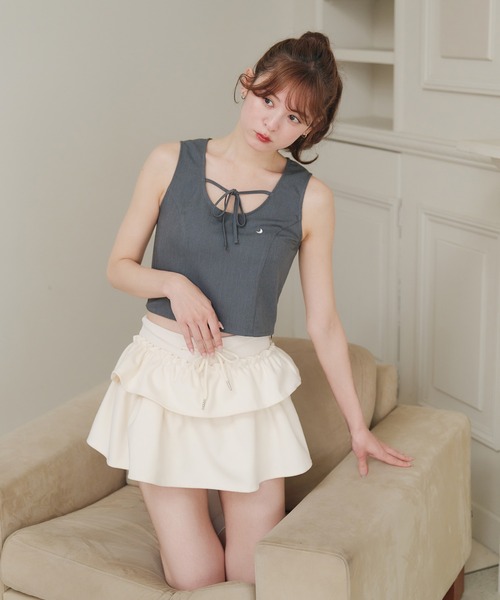 tシャツ フロント リボン ノースリーブ トップス レディース セール】front ribbon no sleeve tops / フロントリボン