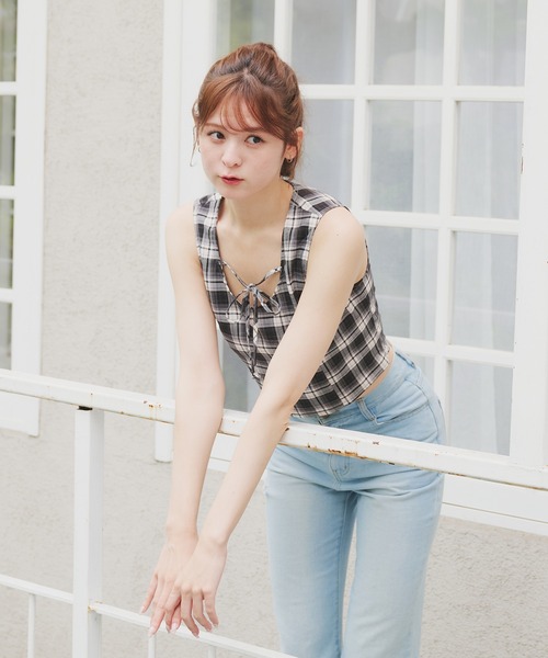 fupel（フぺル）の「front ribbon no sleeve tops / フロントリボンノースリーブトップス(セットアップ対応)（シャツ/ブラウス・レディース・グレー/ブラック・FREE）」の19枚目の写真