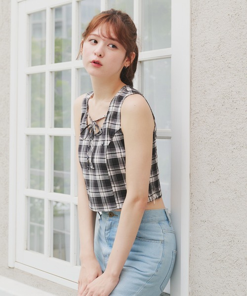 新品 ænrmòus nature box top ノースリーブ トップス セール】front ribbon no sleeve tops / フロントリボンノースリーブ