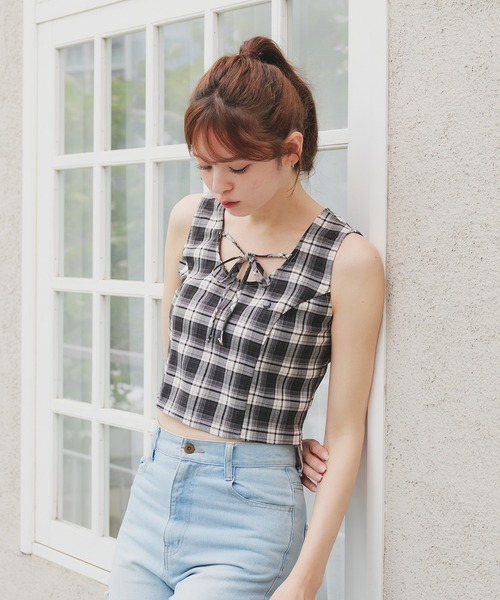 fupel（フぺル）の「front ribbon no sleeve tops / フロントリボンノースリーブトップス(セットアップ対応)（シャツ/ブラウス・レディース・グレー/ブラック・FREE）」の22枚目の写真