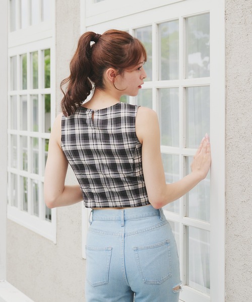 リボンDDロゴノースリトップス セール】front ribbon no sleeve tops / フロントリボン