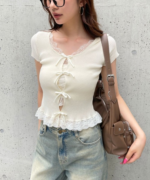 3.3 Field Trip （3.3フィールドトリップ）の「3.3 Field Trip／裾レースリボンカーディガン（ニット/セーター・レディース・ブラック/アイボリー/ダークグレー/ライトグレー・FREE）」の4枚目の写真