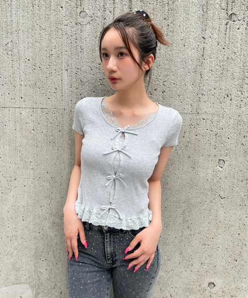 3.3 Field Trip （3.3フィールドトリップ）の「3.3 Field Trip／裾レースリボンカーディガン（ニット/セーター・レディース・ブラック/アイボリー/ダークグレー/ライトグレー・FREE）」の6枚目の写真