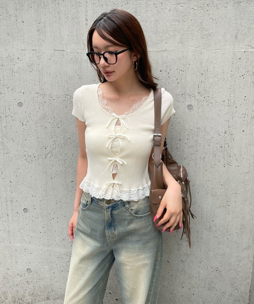 3.3 Field Trip （3.3フィールドトリップ）の「3.3 Field Trip／裾レースリボンカーディガン（ニット/セーター・レディース・ブラック/アイボリー/ダークグレー/ライトグレー・FREE）」の11枚目の写真