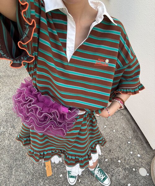 HELLO.SANFRANCISCO(ハローサンフランシスコ)の「【HELLO.SANFRANCISCO/ハローサンフランシスコ】ロゴ刺繍ラガーシャツチュニック(チュニック・レディース・ブラウン/ピンク/イエロー・ONE SIZE)」の2枚目の写真