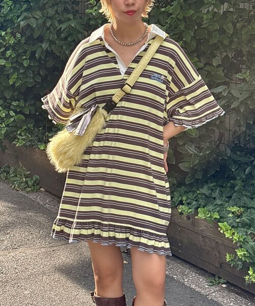 HELLO.SANFRANCISCO(ハローサンフランシスコ)の「【HELLO.SANFRANCISCO/ハローサンフランシスコ】ロゴ刺繍ラガーシャツチュニック(チュニック・レディース・ブラウン/ピンク/イエロー・ONE SIZE)」の3枚目の写真