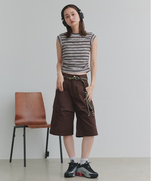 ad thie(アドティエ)の「サイドギャザー ボーダーノースリーブトップス(Tシャツ/カットソー・レディース・ベージュ/チャコール・FREE)」の19枚目の写真
