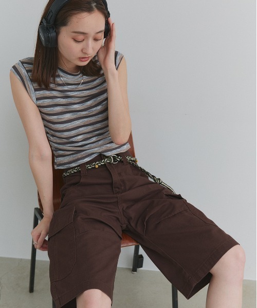 ad thie(アドティエ)の「サイドギャザー ボーダーノースリーブトップス(Tシャツ/カットソー・レディース・ベージュ/チャコール・FREE)」の20枚目の写真