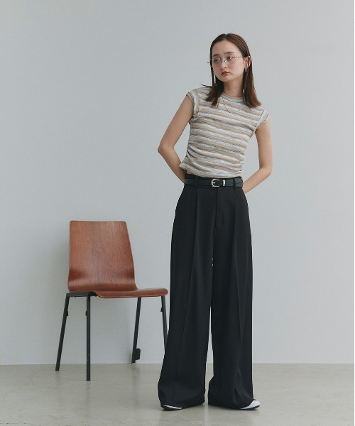 ad thie(アドティエ)の「サイドギャザー ボーダーノースリーブトップス(Tシャツ/カットソー・レディース・ベージュ/チャコール・FREE)」の21枚目の写真