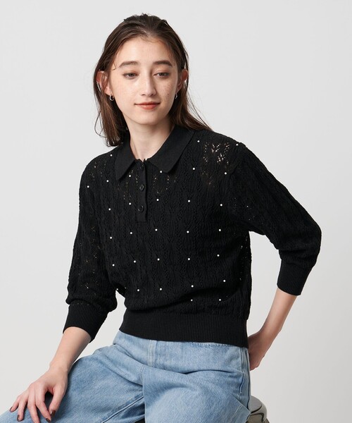 UNITED ARROWS（ユナイテッドアローズ）の「フェイクパール レース プルオーバー ニット ウォッシャブル（ニット/セーター・レディース・ダークグレー/ブラック・FREE）」の2枚目の写真