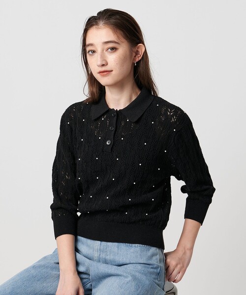 UNITED ARROWS（ユナイテッドアローズ）の「フェイクパール レース プルオーバー ニット ウォッシャブル（ニット/セーター・レディース・ダークグレー/ブラック・FREE）」の3枚目の写真