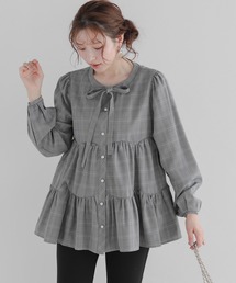 【新品】 fitmore 丸襟ジャガードペプラムトップス ブラック フィットモア セール】丸襟ジャガードペプラムトップス（シャツ/ブラウス