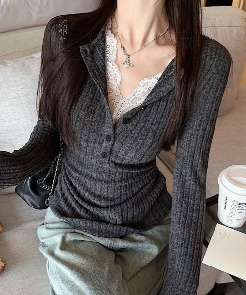 yuue' ( wear )(ユーイ)の「レース付きヘンリーネックリブトップス(Tシャツ/カットソー・レディース・ホワイト/チャコールグレー/オートミール/ブラック・FREE)」の1枚目の写真