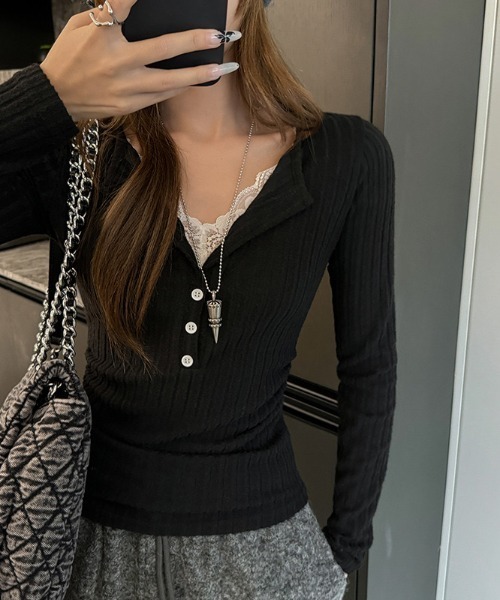 yuue' ( wear )(ユーイ)の「レース付きヘンリーネックリブトップス(Tシャツ/カットソー・レディース・ホワイト/チャコールグレー/オートミール/ブラック・FREE)」の16枚目の写真
