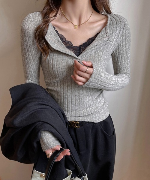 yuue' ( wear )(ユーイ)の「レース付きヘンリーネックリブトップス(Tシャツ/カットソー・レディース・ホワイト/チャコールグレー/オートミール/ブラック・FREE)」の20枚目の写真