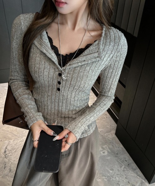 yuue' ( wear )(ユーイ)の「レース付きヘンリーネックリブトップス(Tシャツ/カットソー・レディース・ホワイト/チャコールグレー/オートミール/ブラック・FREE)」の22枚目の写真