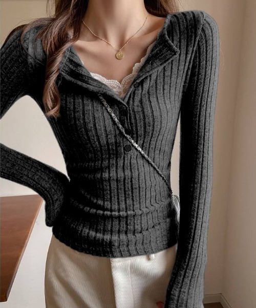 yuue' ( wear )(ユーイ)の「レース付きヘンリーネックリブトップス(Tシャツ/カットソー・レディース・ホワイト/チャコールグレー/オートミール/ブラック・FREE)」の15枚目の写真