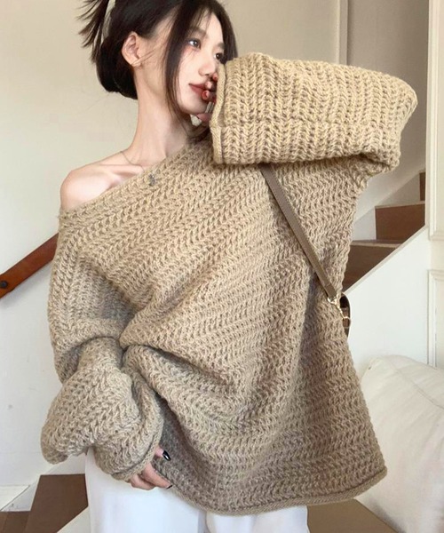 DAY CLOSET（デイ クローゼット）の「【袖＆裾周りロール加工】ふんわり愛されシルエ。長袖ボリュームチャンキーニットトップス レディース（ニット/セーター・レディース・グレー/ピンク/ホワイト/グリーン/ベージュ・FREE）」の3枚目の写真