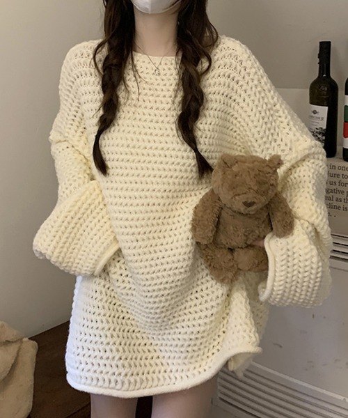 DAY CLOSET（デイ クローゼット）の「【袖＆裾周りロール加工】ふんわり愛されシルエ。長袖ボリュームチャンキーニットトップス レディース（ニット/セーター・レディース・グレー/ピンク/ホワイト/グリーン/ベージュ・FREE）」の2枚目の写真