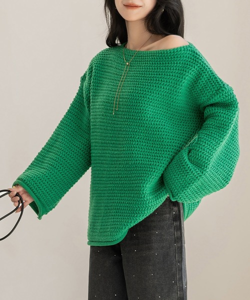 DAY CLOSET（デイ クローゼット）の「【袖＆裾周りロール加工】ふんわり愛されシルエ。長袖ボリュームチャンキーニットトップス レディース（ニット/セーター・レディース・グレー/ピンク/ホワイト/グリーン/ベージュ・FREE）」の4枚目の写真