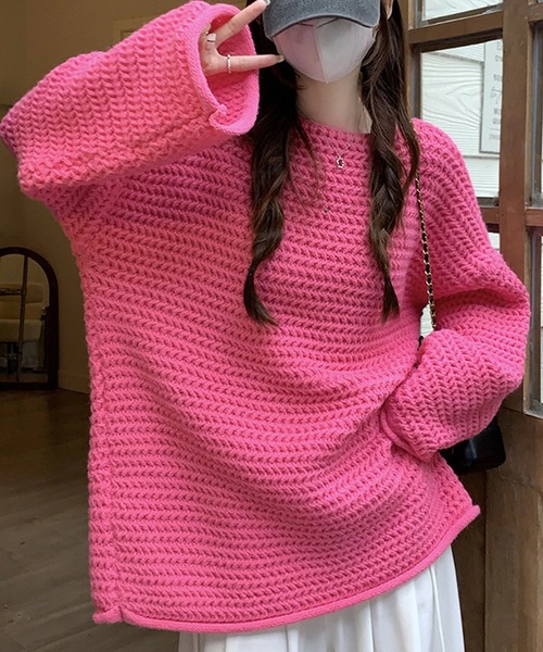 DAY CLOSET（デイ クローゼット）の「【袖＆裾周りロール加工】ふんわり愛されシルエ。長袖ボリュームチャンキーニットトップス レディース（ニット/セーター・レディース・グレー/ピンク/ホワイト/グリーン/ベージュ・FREE）」の17枚目の写真