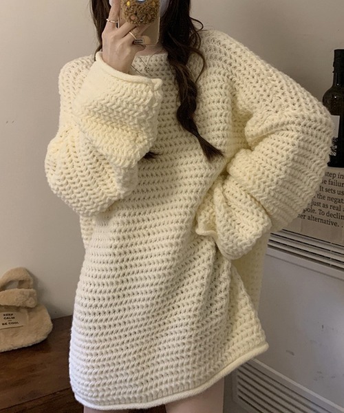 DAY CLOSET（デイ クローゼット）の「【袖＆裾周りロール加工】ふんわり愛されシルエ。長袖ボリュームチャンキーニットトップス レディース（ニット/セーター・レディース・グレー/ピンク/ホワイト/グリーン/ベージュ・FREE）」の7枚目の写真