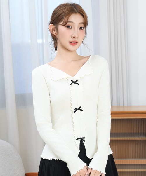 Anely(アネリー)の「フロント リボン Vネック リブ ラメ ニット プルオーバー(ニット/セーター・レディース・グレー/ブラック/アイボリー・FREE)」の11枚目の写真