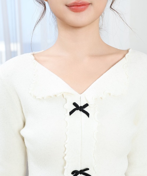 Anely(アネリー)の「フロント リボン Vネック リブ ラメ ニット プルオーバー(ニット/セーター・レディース・グレー/ブラック/アイボリー・FREE)」の14枚目の写真
